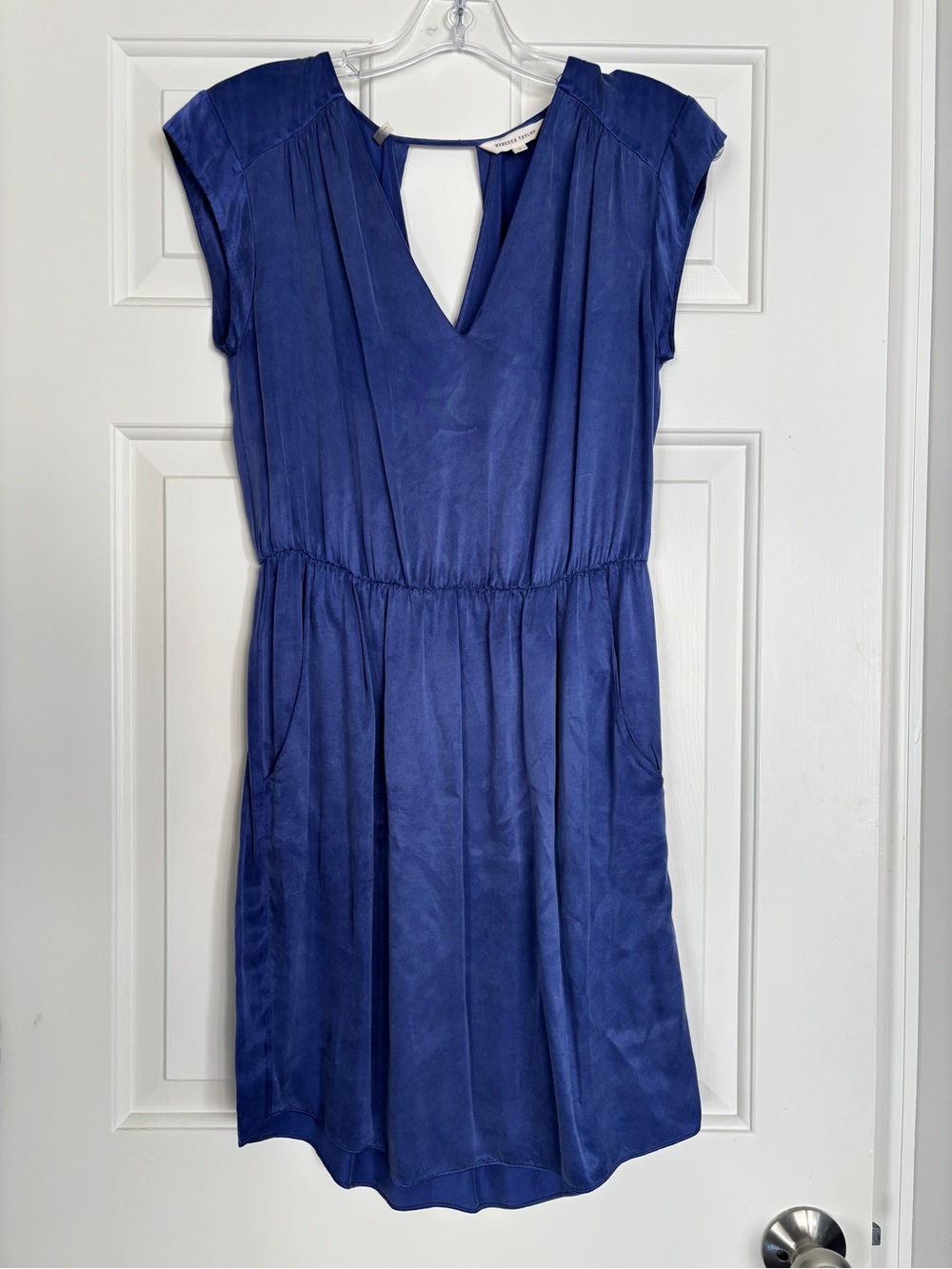 Rebecca Taylor Blue Cupro Cap Sleeve Split-Back Mini Dress Pockets - Size 2